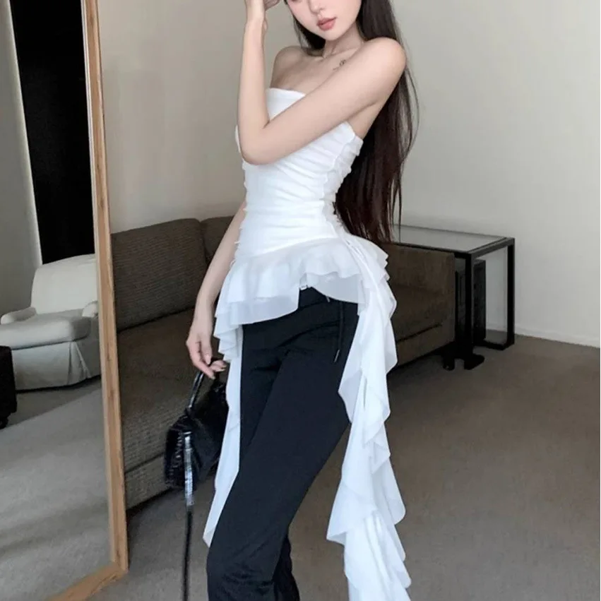 Gilet senza spalline con atmosfera arricciata irregolare per donna Top avvolto in nastro di nicchia