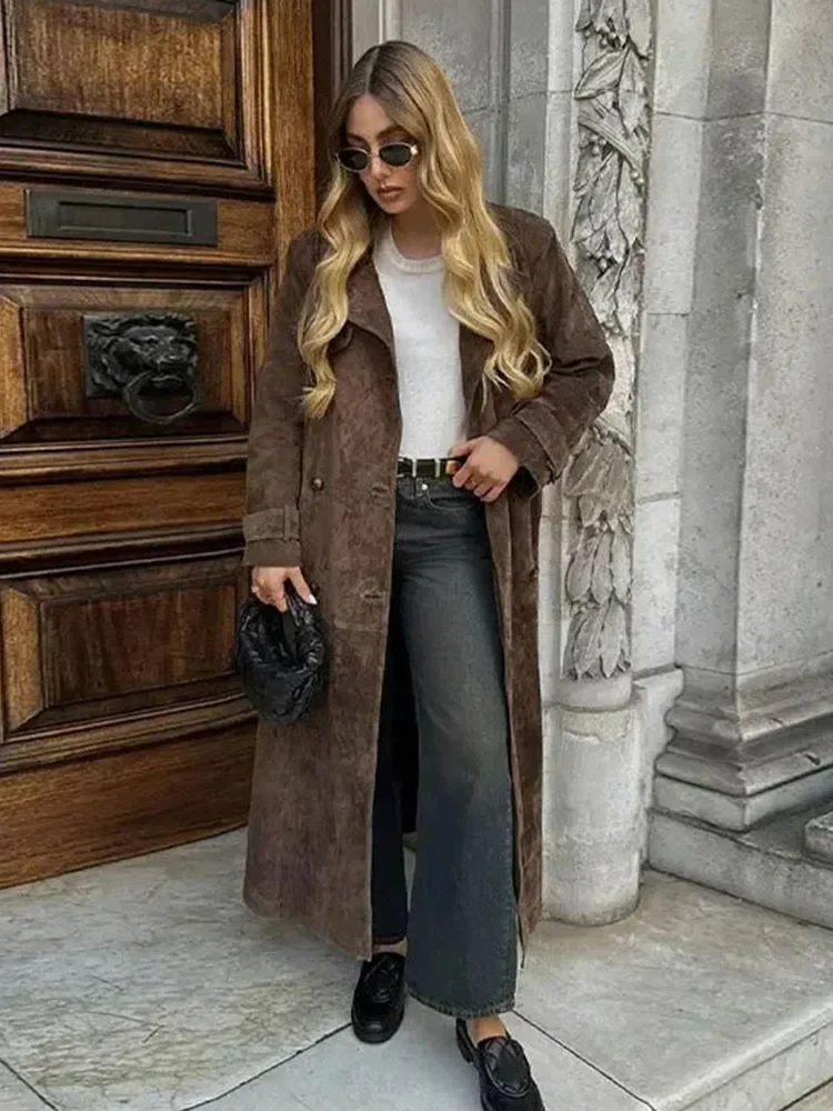 

TARUXY Female Retro Jacket Elegant Brown Belted Waist Long Coat Double Breasted High Street Autumn Fashion Full Sleeve Outwear