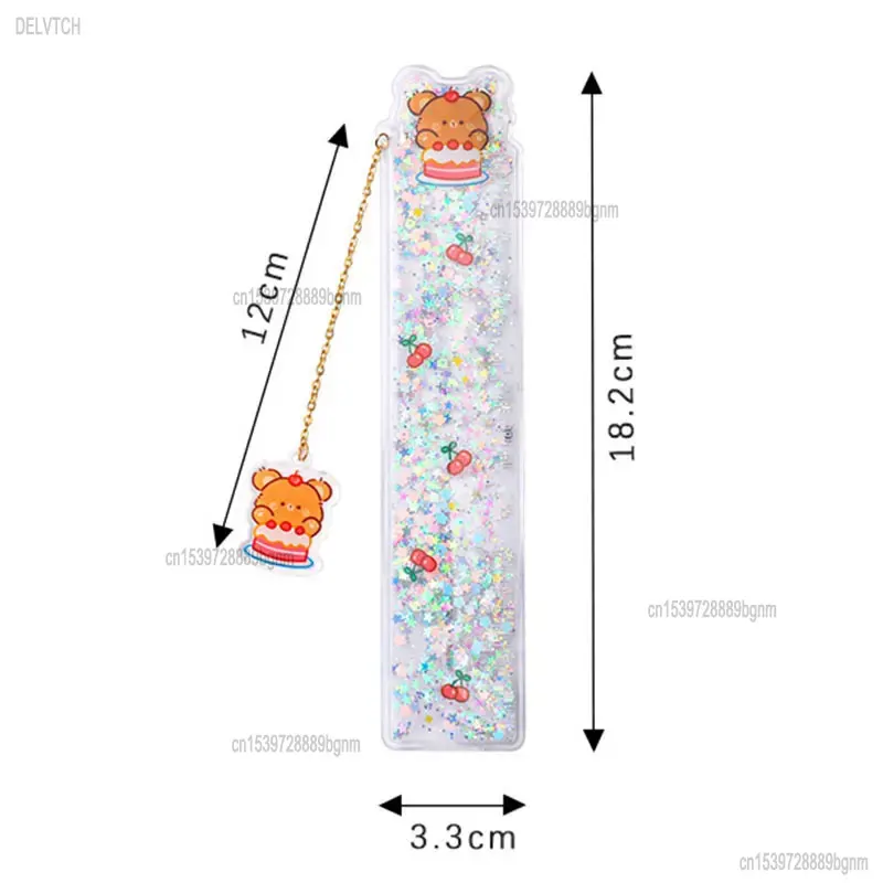 Transparent Oil Quicksand Sequin 15cm Measuring Straight Scale Ruler Soft Bookmark With Cute Pendant Student Drawing Stationery