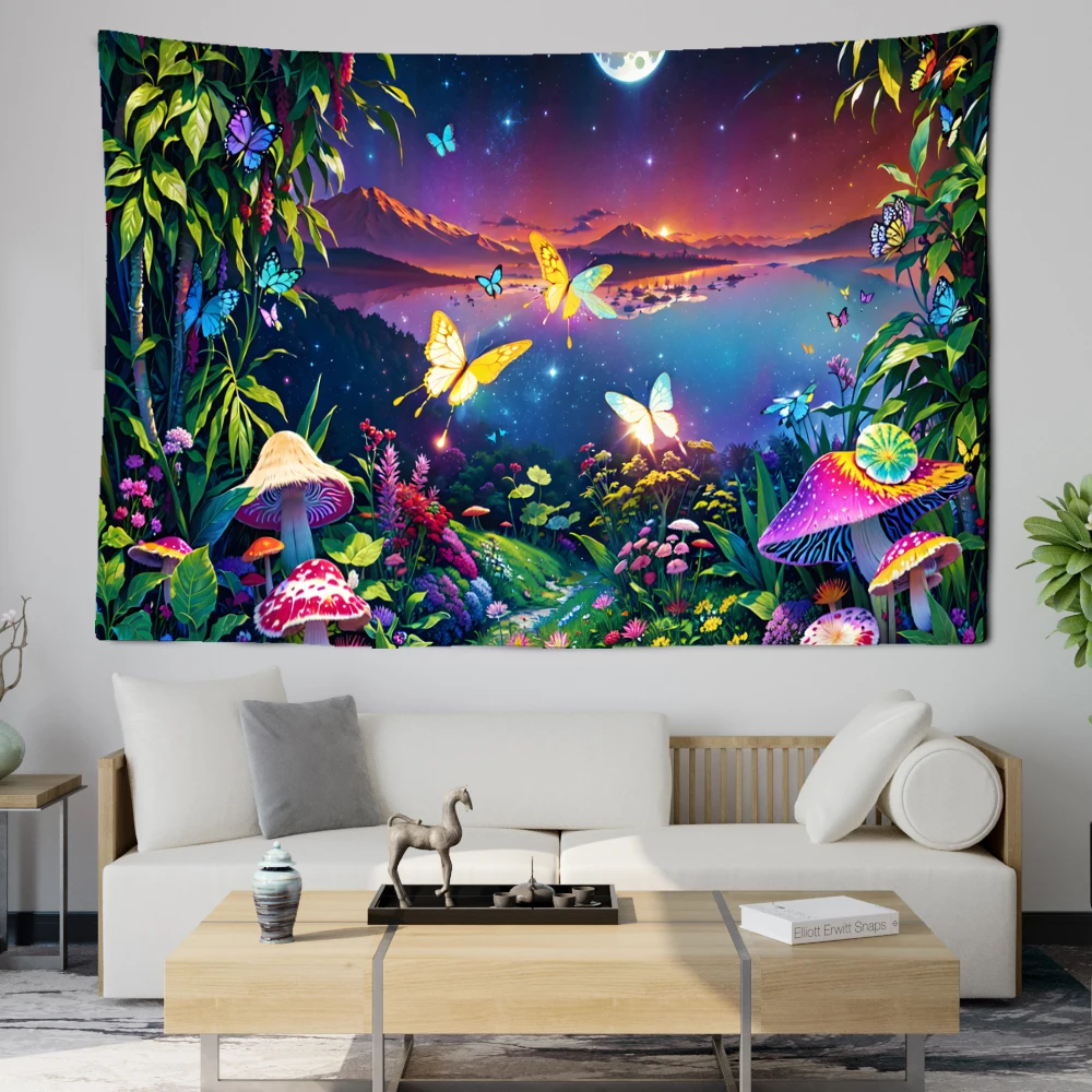 Fantasy Mushroom Forest Tapestry Bohemian Style Waterfall Wall Tapestry Bedroom Aesthetic Living Room Dining Room