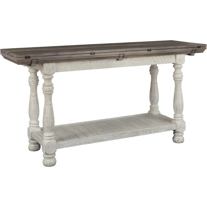 Havalance Farmhouse Sofa Table, Flip Top Design for Additional Dining Space and Fixed Lower Shelf, Gray & White with Weathered