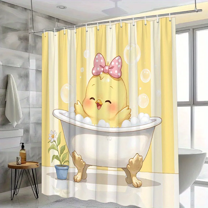 

Cute Baby Chick in Bathtub Shower Curtain Waterproof Easy to Clean Privacy Protection Print Cartoon with 12 Hooks Quick Setup