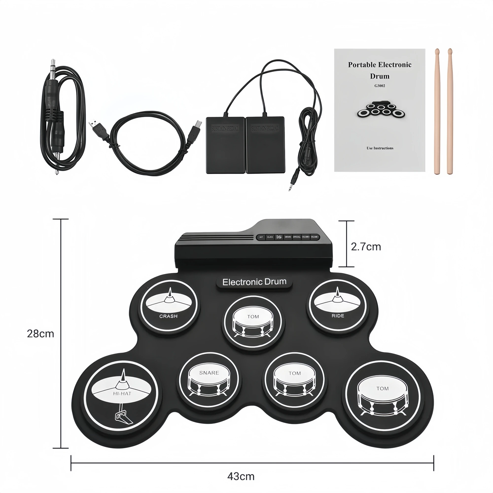 Miwayer Compact USB Roll-Up Silicone Drum Set Digital Electronic Drum Kit 7 Pads with Drumsticks Foot Pedal for Beginner