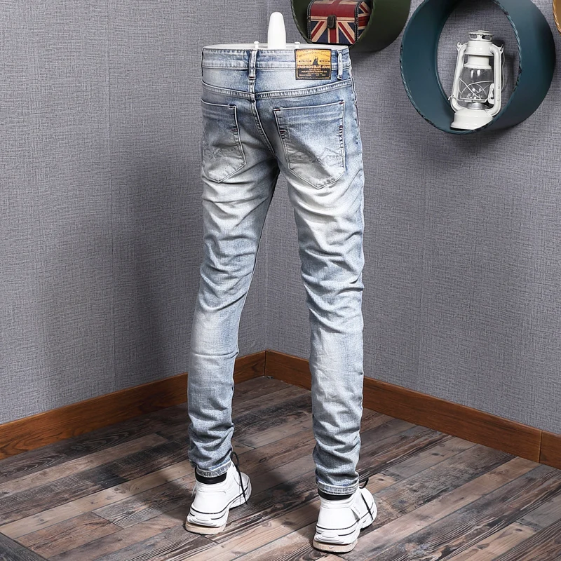 Italian Style Fashion Men Jeans Retro Light Blue Stretch Slim Fit Ripped Jeans Men Vintage Patched Designer Casual Pants Hombre