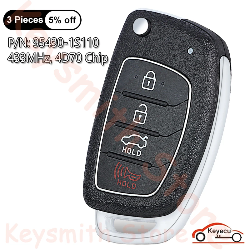 KEYECU 4 Buttons 433MHz 4D70 Chip for Hyundai HB20 Auto OEM Board Flip Remote Control Key Fob Replacement P/N: 95430-1S110