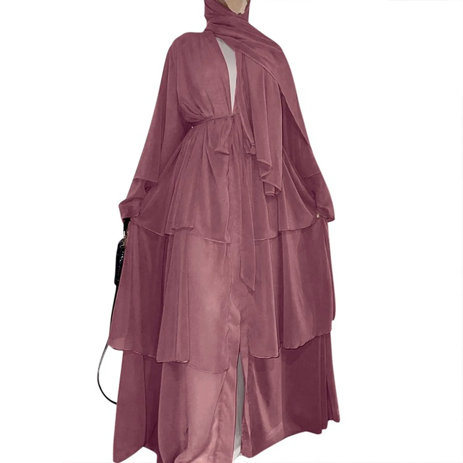 

Women's Muslim Caedigan Belt Outwear Shirt Soft And Elegant Chiffon Solid Layered Cardigan Loose Long Dress Elegant Abaya Muslim