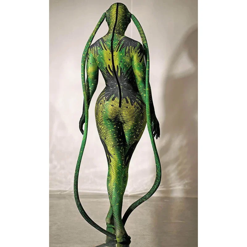 Halloween Rave Party Role-playing Stage Clothes Green bodysuit snake Spandex Stretch Skinny Jumpsuit Men Women Cosplay Costume