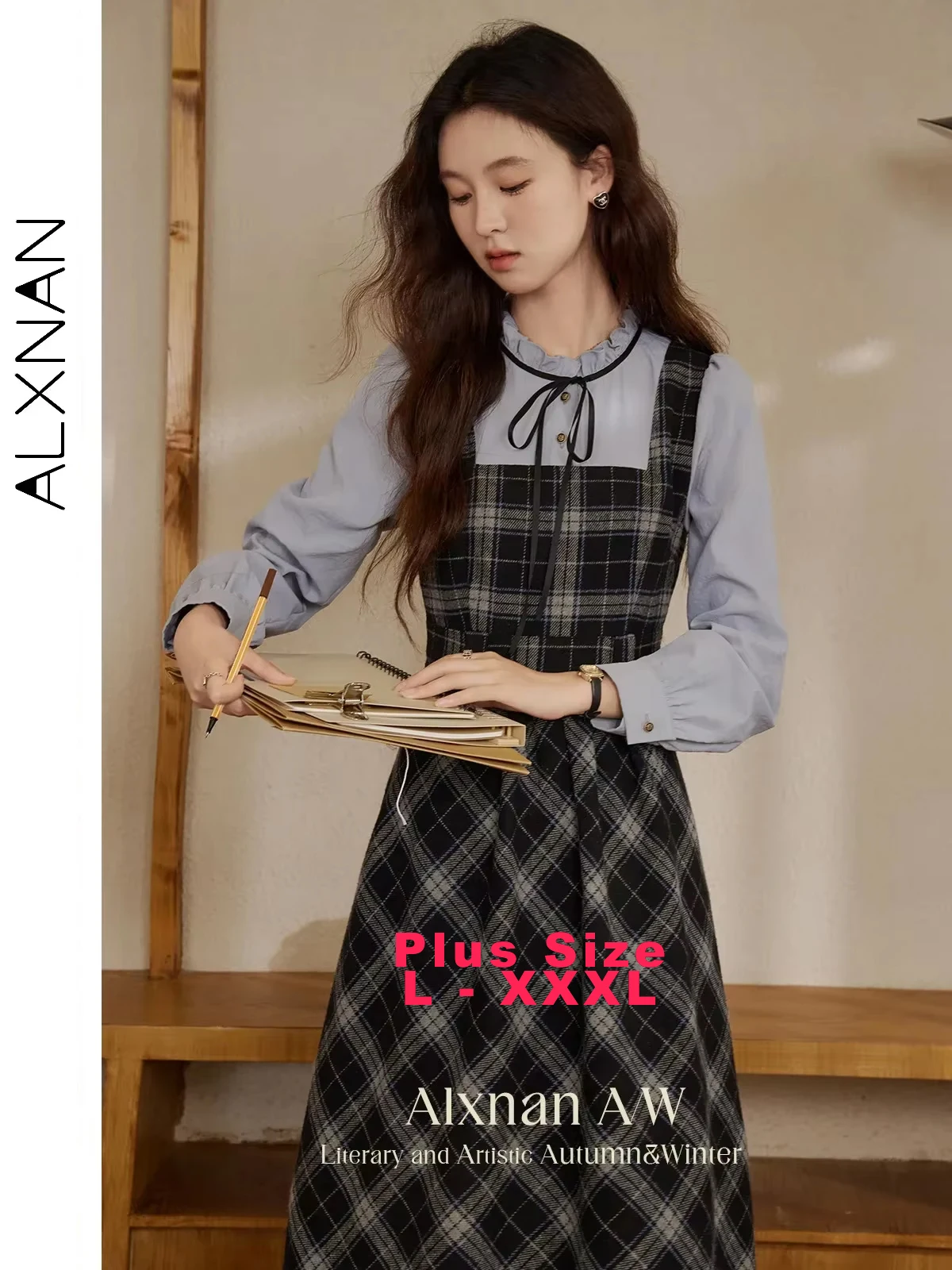 

ALXNAN Women's Plus Size Dresses Fall Retro 2 in 1 A-line Plaid Agaric O-neck Lace-up Bow Long Sleeve Metal Buttons Dress D06319