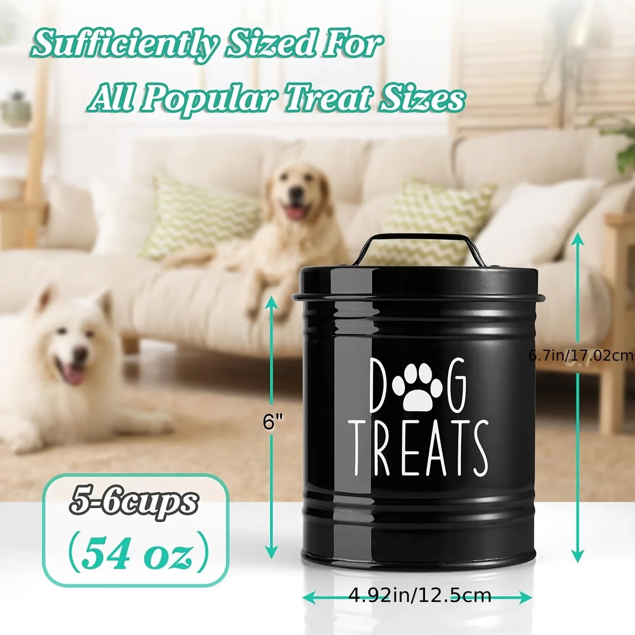 Farmhouse Style Dog Treat Jar, Airtight Metal Pet Food Storage Canister with Handle Lid
