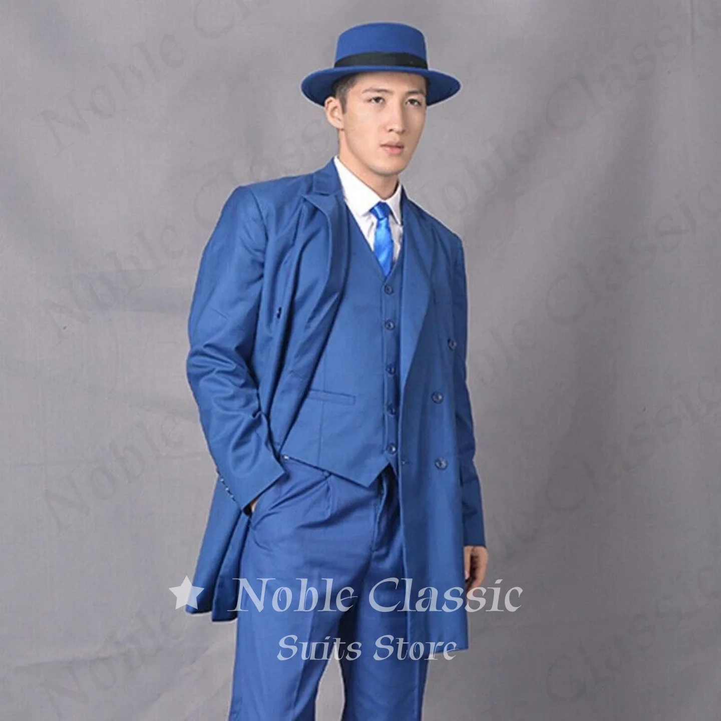 Vintage Gangster 3 Piece Men Suit Bright Royal Blue Double Breasted Long Tail Blazer Waistcoat Pants Evening Party Customized