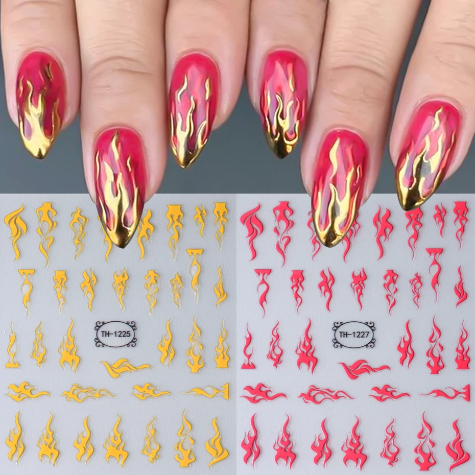 2Pcs Fire Flame Nail Stickers Gold Red Torch Light cursore autoadesivo linee a righe decalcomanie per unghie Manicure Decor accessori fai da te