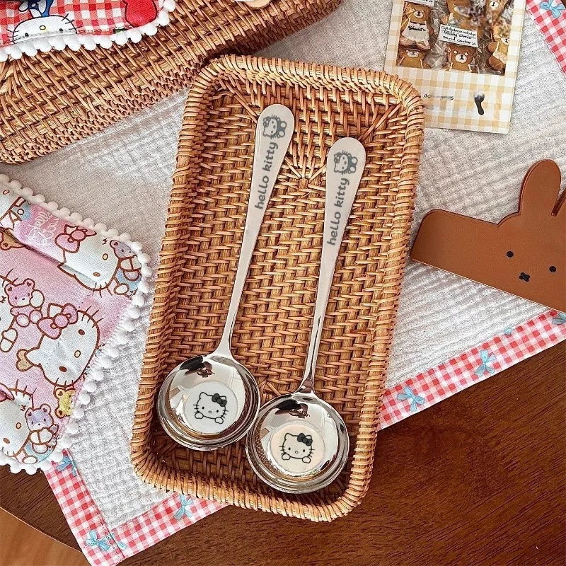 Kawaii Hello Kitty Stainless Steel Round Spoon Extra Thick Long Handle Food Grade Adult Eating Household Thickened Spoon Gift