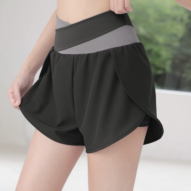 Summer Color blocked Women's Running Fitness Breathable Side Pocket Anti glare Fake Two piece Yoga Sports Shorts