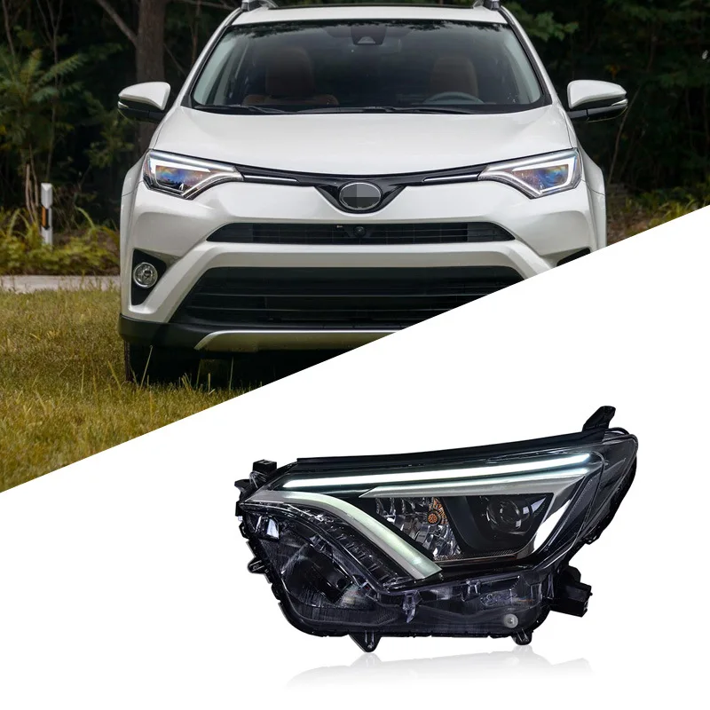 

Подходит для Toyota 16-19 RAV4 Rongfang, модифицированных фар в сборе с высококачественными светодиодными линзами дневных ходовых огней.