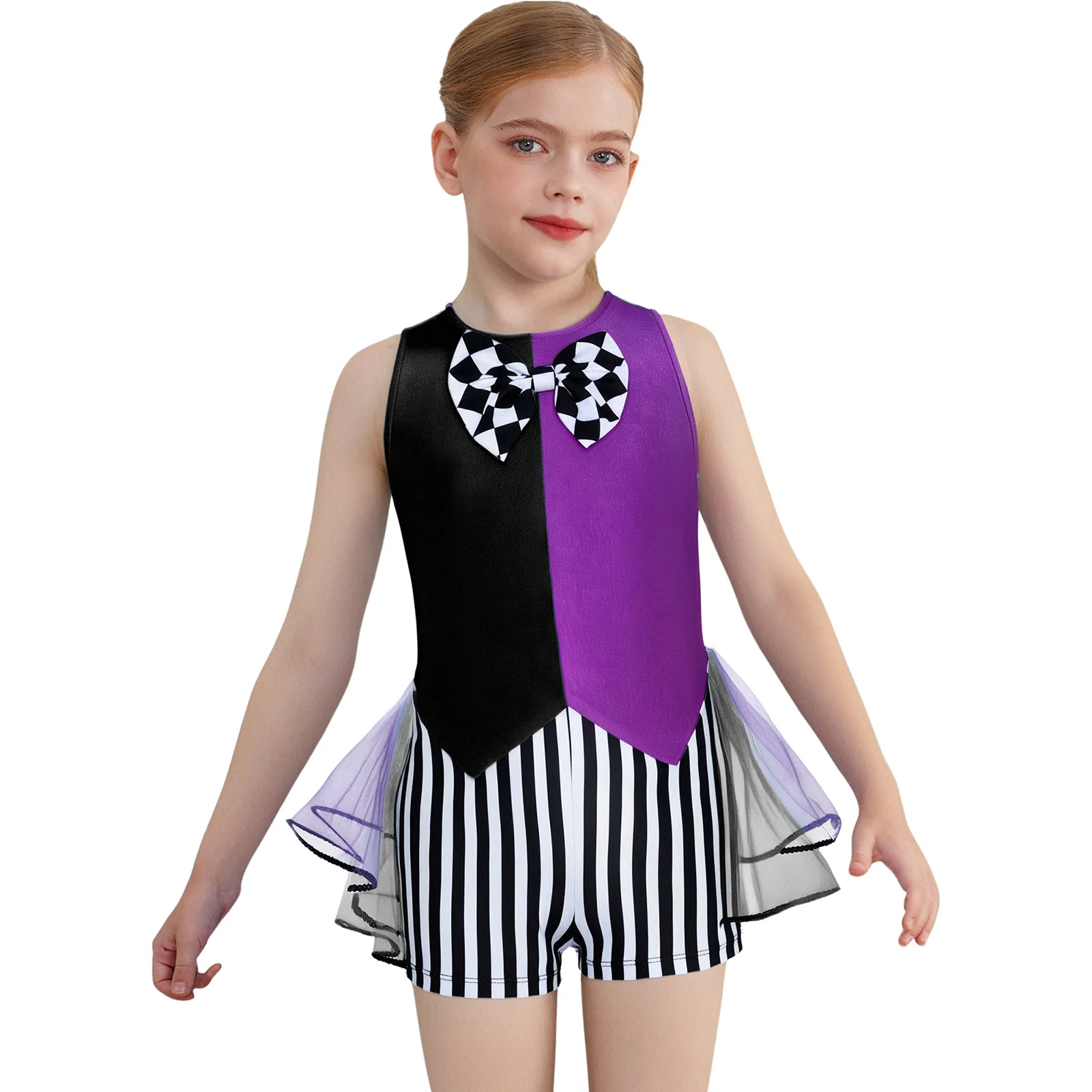 Kids Girls Mad Hatter Costume Halloween Fairy Tale Tea Party Cosplay Fancy Dress Up Sleeveless Striped Bow Knot Mesh Bodysuit