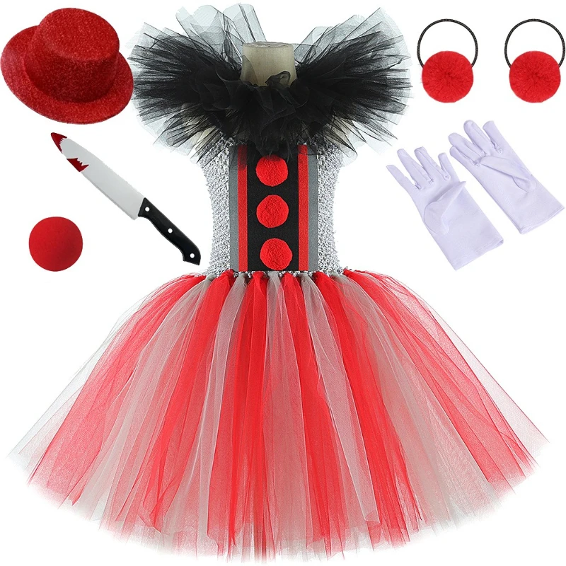 Girls' Halloween Scary Clown Clothes Tutu Dress Set,  Spooky Holiday Outfit,  Toddler & Kids Mesh Dress for Carnival Parties
