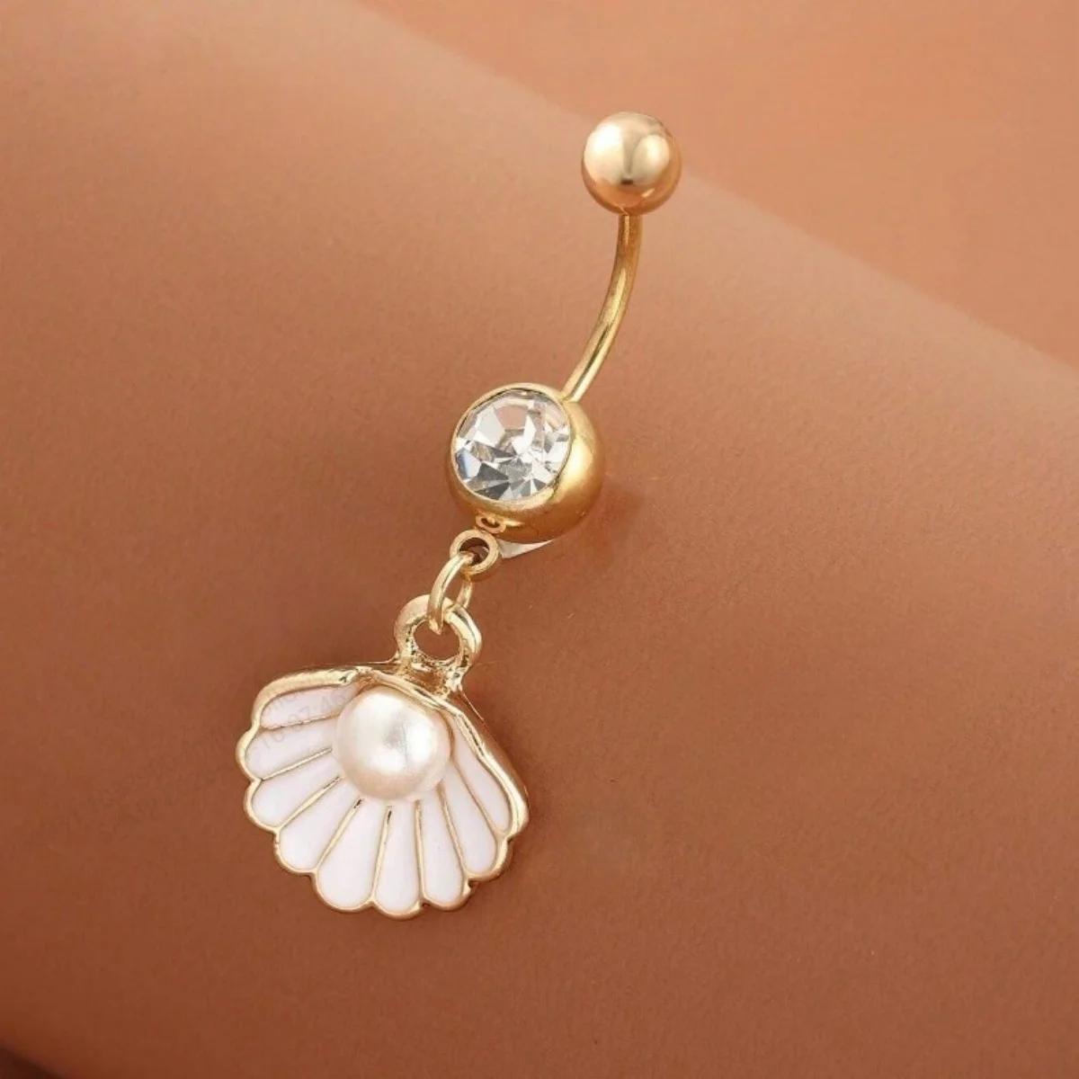 1 Stück Edelstahl Bauchnabelpiercing mit simulierter Perlenmuschel für Damen und Herren, Bohemian Sommer Muschel Bauchnabelpiercing Körperschmuck – Detail 16