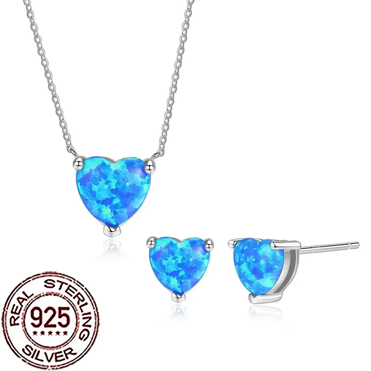 

CWWZircons Sterling Silver 925 Chic Heart Shape Mystical Blue Opal Earrings Necklace Sets for Women Wedding Party Jewelry ST054