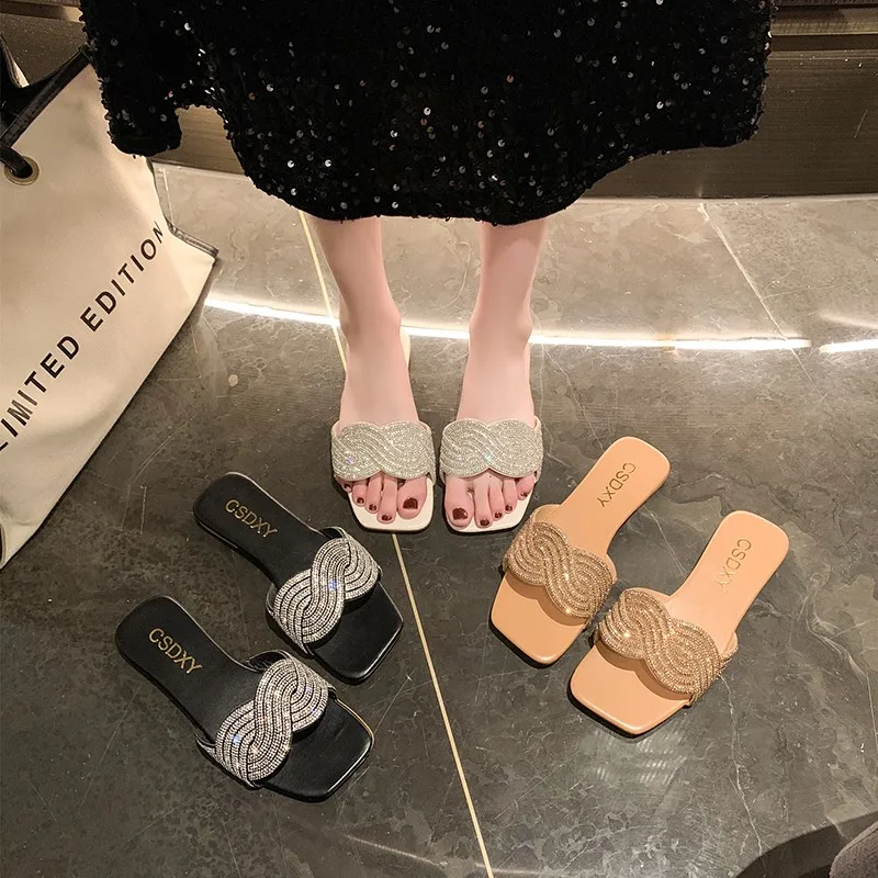 2024 new non-slip bright diamond decorative women's slippers simple high-grade flat compact comfortable cool summer