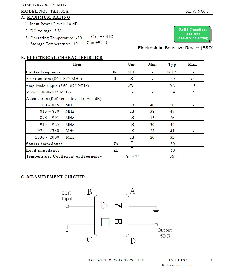 (10PCS) TA1735A 코드 7R 새로운 오리지널 867.5MHz 패키지 SMD SAW 필터 재고 있음
