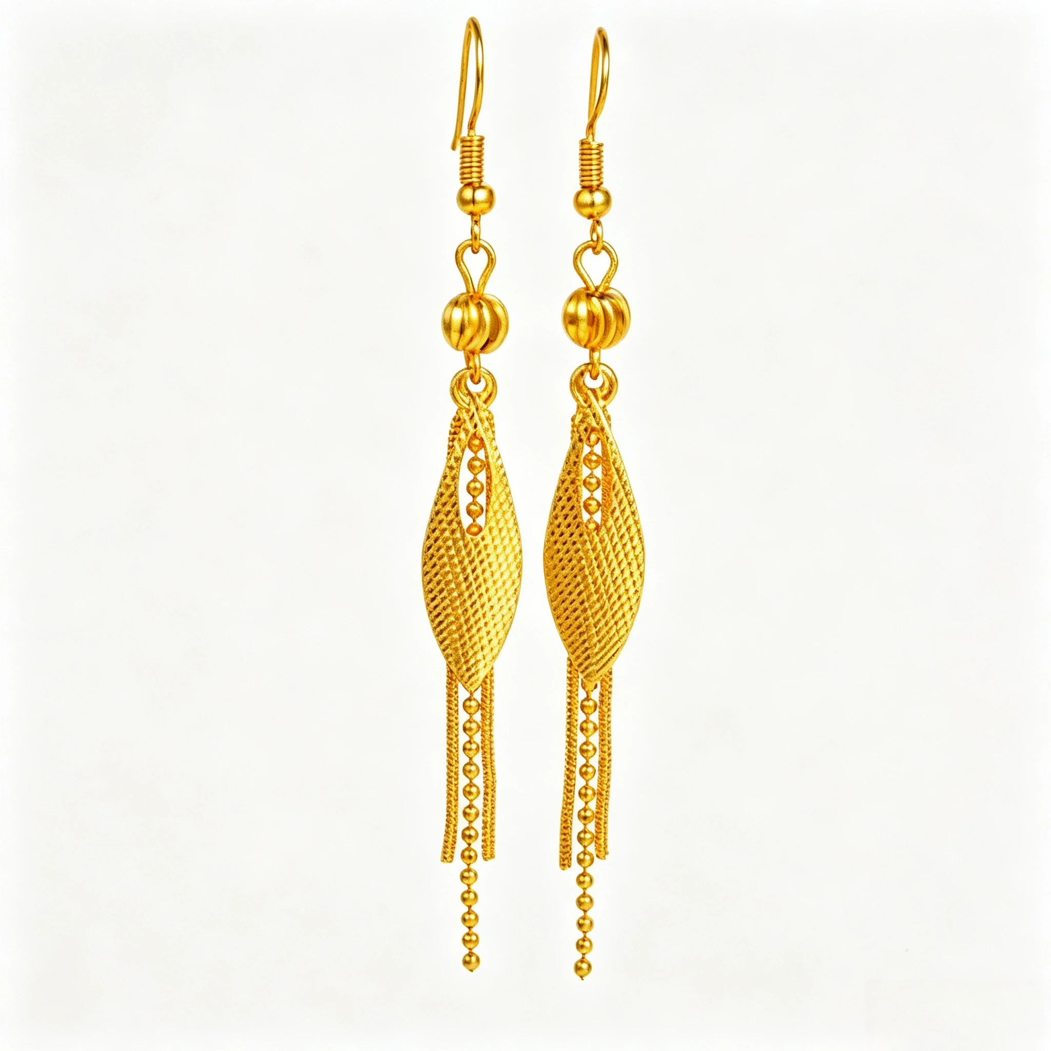 Gold Plated Textured Leaf Dangle Earrings Smooth Bead Accent Multi Chain Tassel Drop Earrings Vintage Women Fashion Jewelry