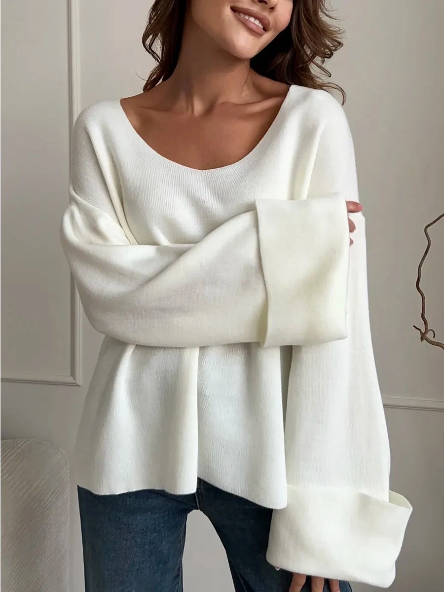 

Women's Oversized Knitted Warm Solid Flare Long Sleeve V Neck Sweater Women's Casual Cute Slim Loose Warm Sweater Top