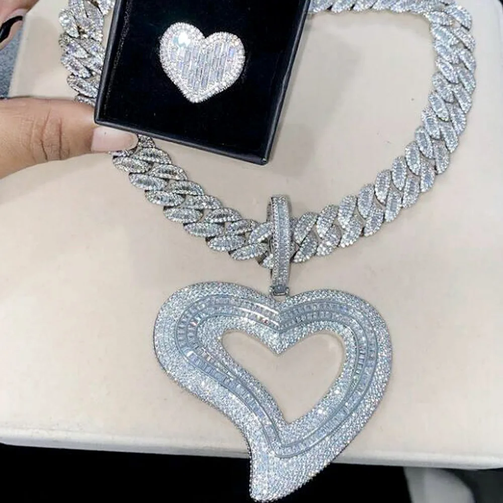 

Iced Out Bling Big Hollow Heart Pendant with Cuban Chain Necklace for Women Lady Luxury 5A Cubic Zirconia CZ Hip Hop Jewelry