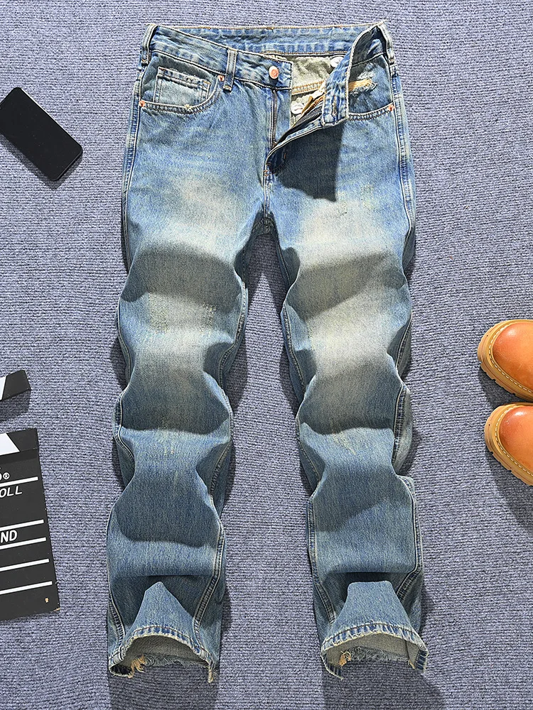 

Весенне-летние модные брендовые свободные прямые джинсы в американском стиле ретро для мужчин, молодежные модные универсальные уличные брюки