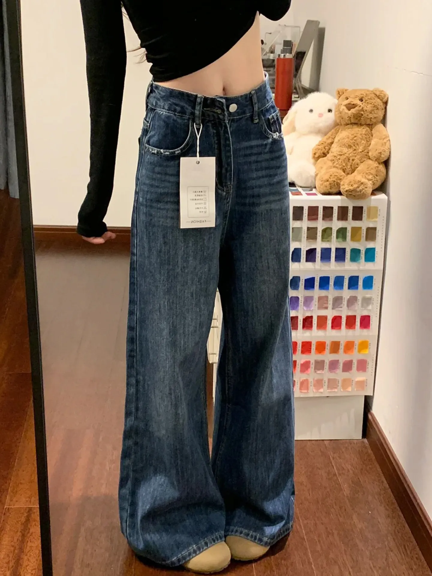 American Retro Women's Jeans Loose Fit Straight Leg Torn Casual High Waist Denim Pants Draping Wide Leg Pants Versatile Slimming