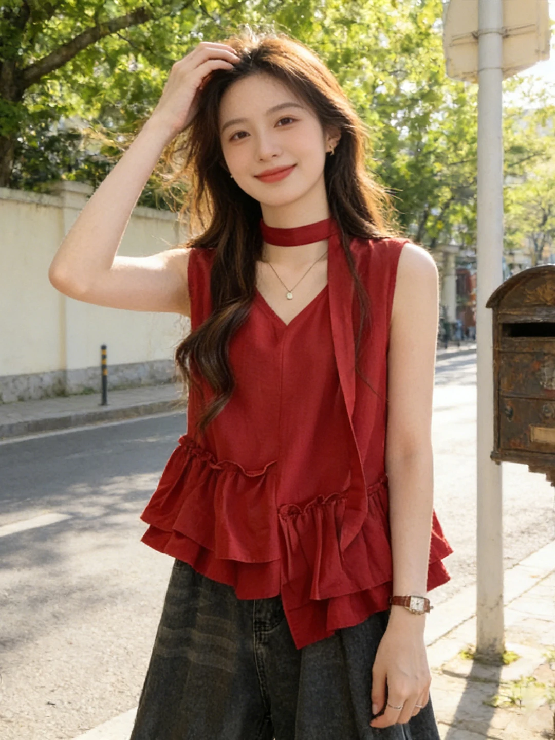 Chaleco rojo sin mangas con dobladillo asimétrico de estilo coreano para mujer, ropa de abrigo de verano, Top con cuello en V y fajín único, corte holgado, fibra de poliéster