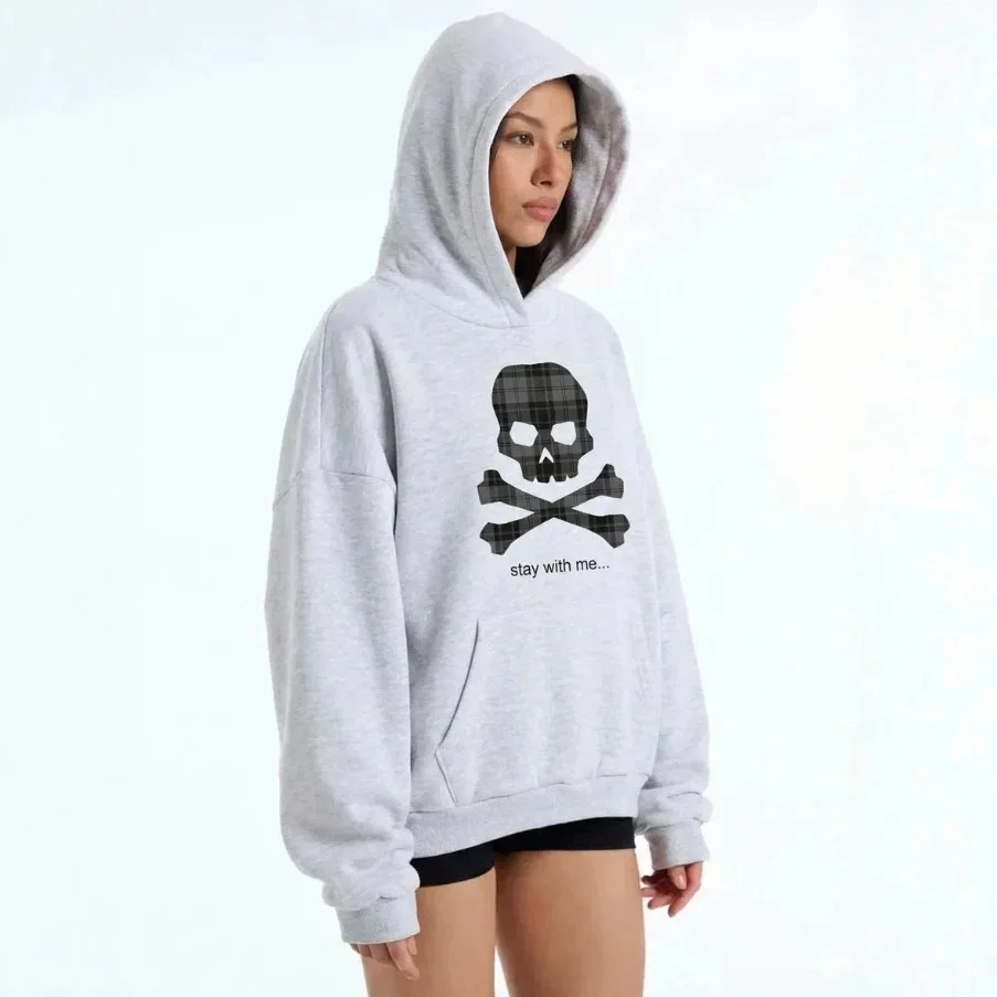 Hip Hop Grunge Alt Gothic Heather Gray Oversized Hoodie Plaid Skull Soft Fleece Loose Women Autumn Y2K Street Hooded Sweatshirt