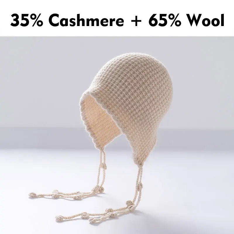 35% Cashmere Blend Knit Beanie for Women – Warm Wool Bonnet Hat with Earflaps, Hand-Crochet Braided Straps & Scalloped Edge
