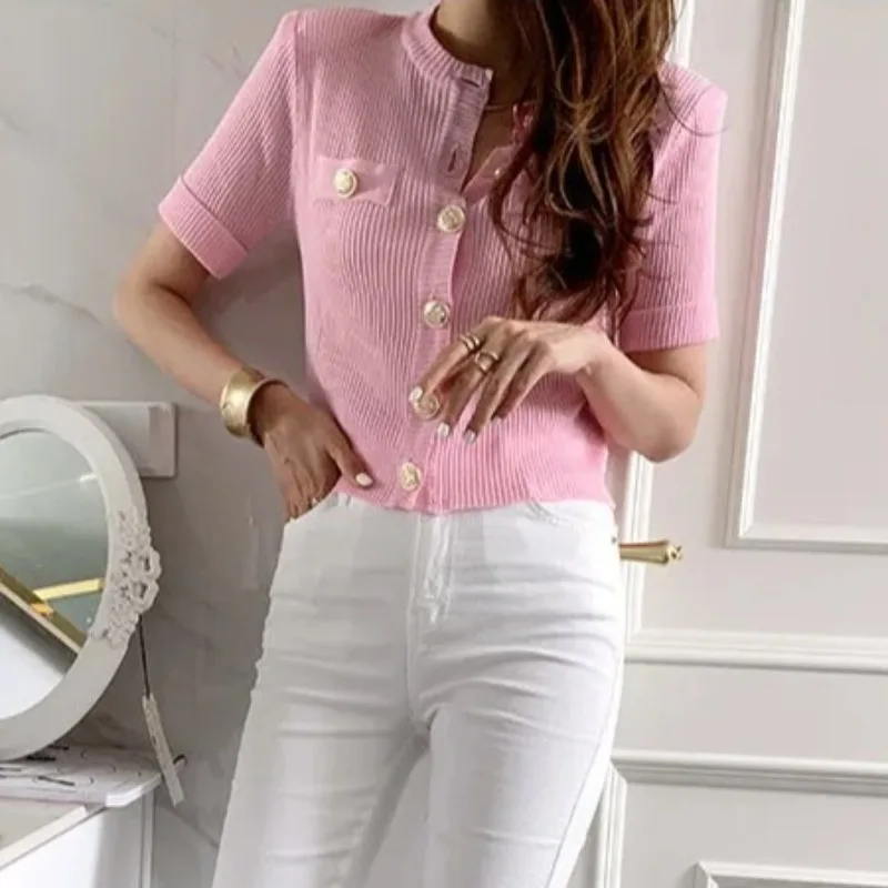 봄 가을 여성용 신상 우아한 라운드넥 반팔 셔츠 심플 패션 싱글 버튼 니트 가디건 코트