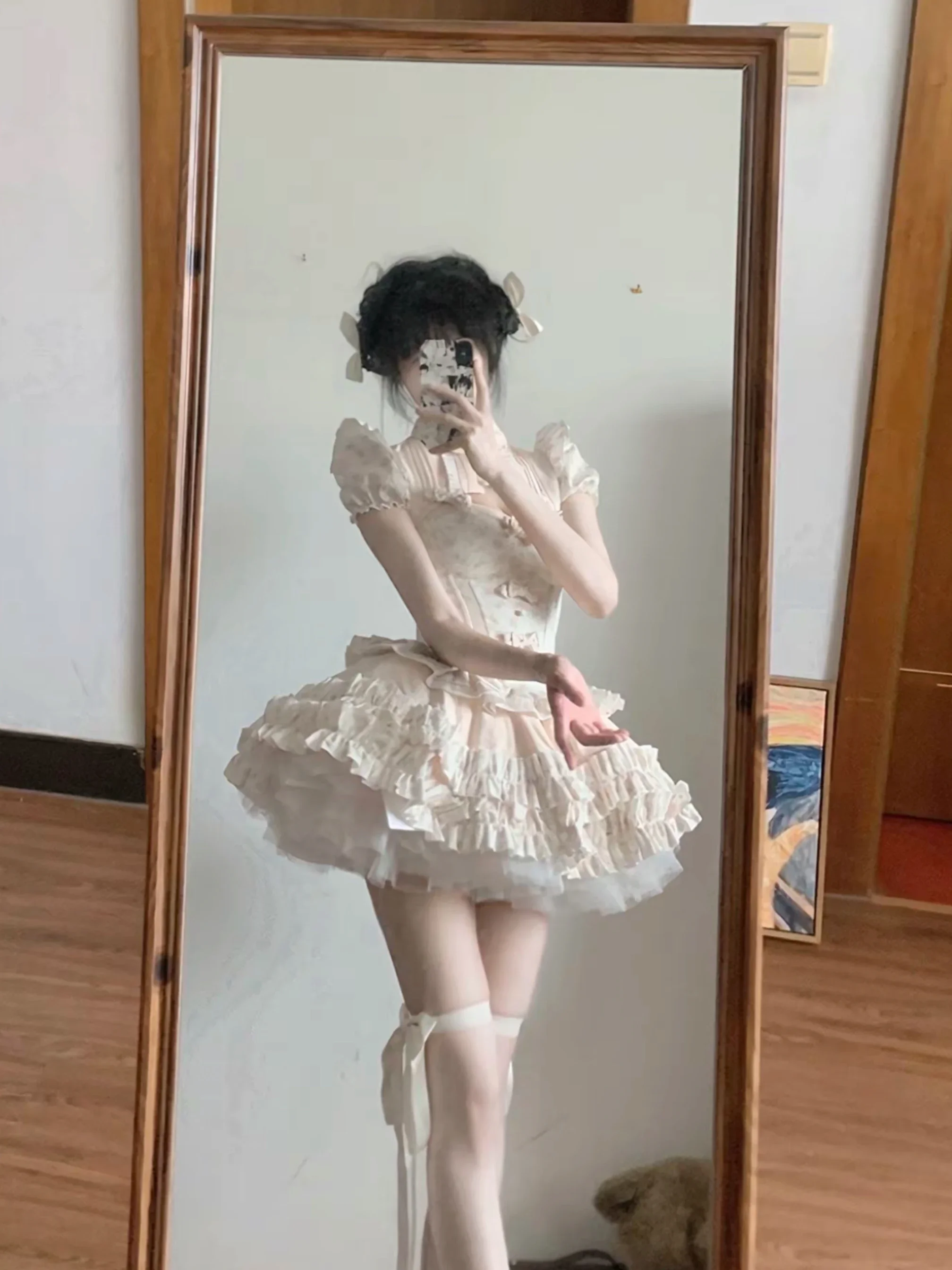 النمط الفرنسي الفتيات تنورة الأميرة مجموعة وتتسابق لوليتا الحلو المطبوعة فستان عيد ميلاد سليم القوس صديرية دائرية معطف الرأس نفخة تنورة 3 قطعة #5