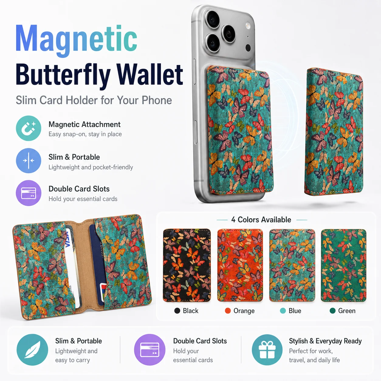 

Denior Wood Cork Magnetic Phone Wallet For Iphone 17 16 15 14 13 12 Pro Max Plus, RFID 3 Card Holder With Butterfly Print