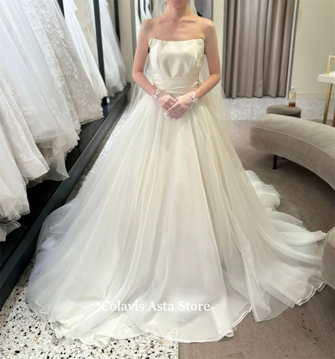 Japan Style Sweep Train Strapless Wedding Dress Customized Backless A-Line Organza Bride Dresses Open Back Bridal Gowns