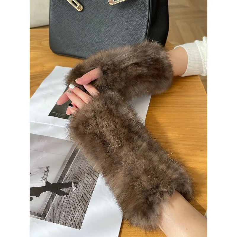 Purple mink fur half-finger gloves women's mink woven winter warm real hair extended half-palm bare-finger hand tube