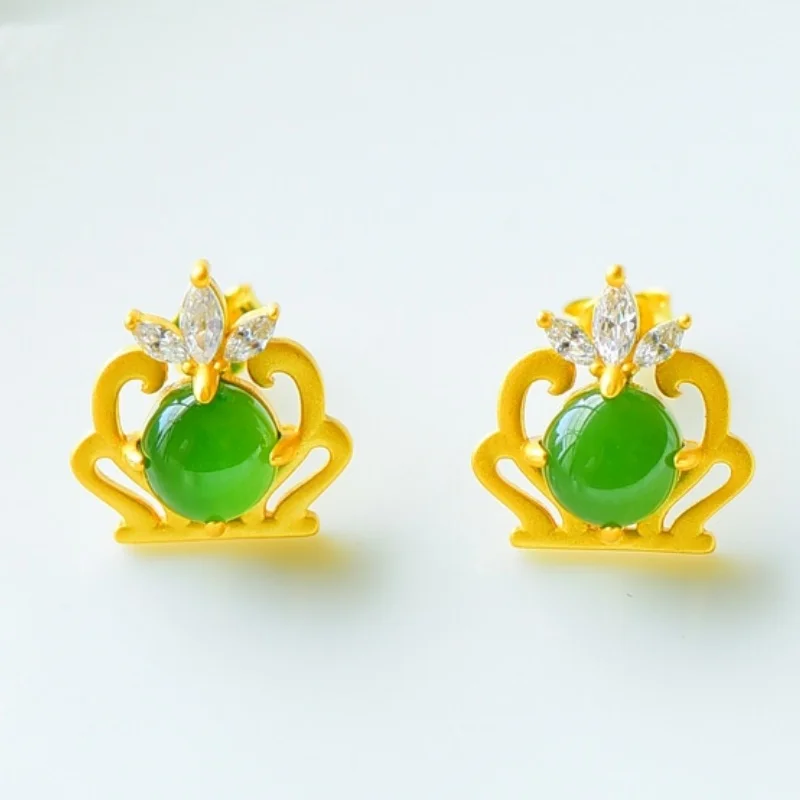 SGARIT Jadeite Hetian Jade S925 Silver Inlay 12*13mm Crown Stud Earrings Ancient Gold-Plated Craftsmanship Simple Versatile