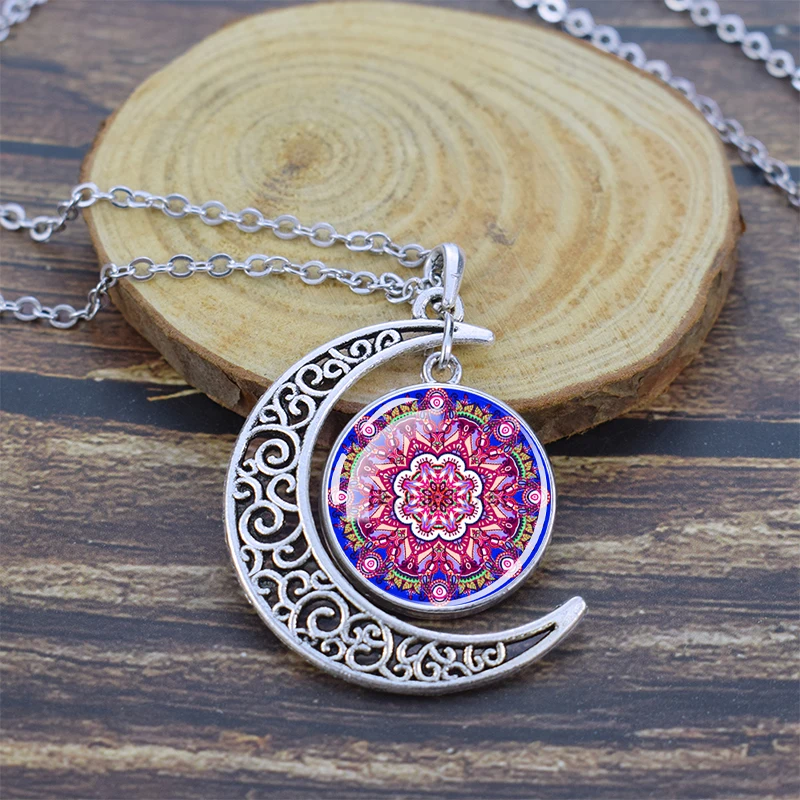 Mandala Necklaces Buddhist Meditation Jewelry Datura Flower of Life Crescent Moon Pendant Necklace for Women Men Lucky Gift