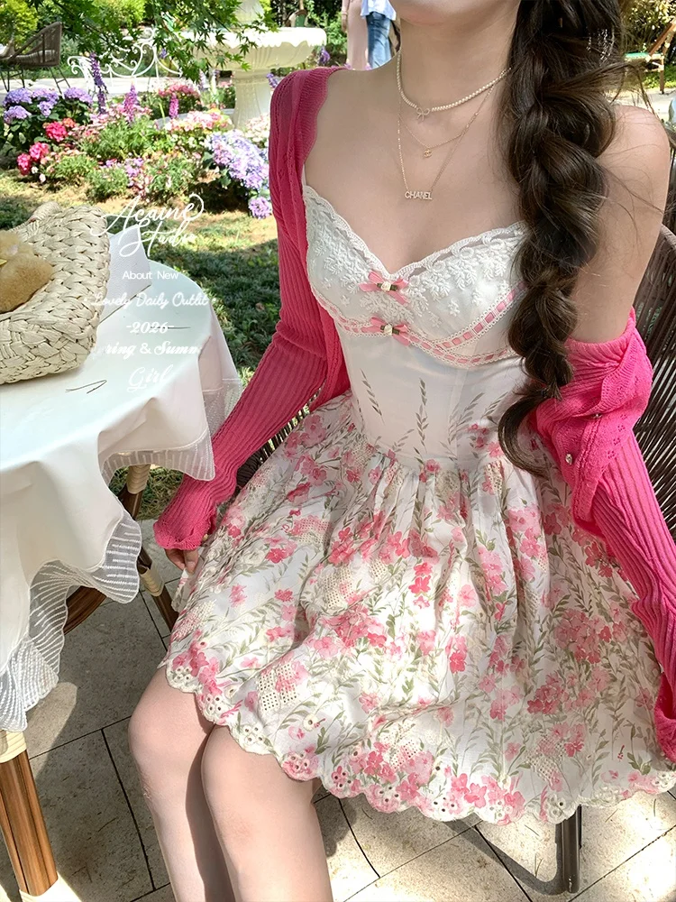 Sweet Style Sakura Island Tea Talk Mid-Length Lace V-Neck Floral Print Wrap-Over Strap Dress Women's Summer Beautiful Dress