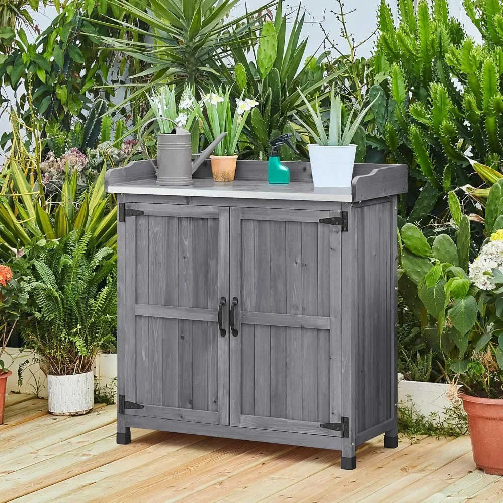 

Garden Potting Bench Table, Outdoor Garden Horticultural Wooden Storage Cabinet & Solid Wood Planting Work Bench