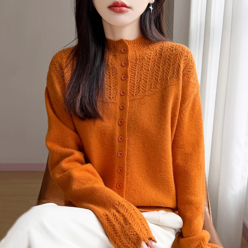 2026 Spring New Honey Bear Cashmere Half High Collar Cardigan Women's Loose Hollow Glitter Small Knitted Jacket Bottom Top