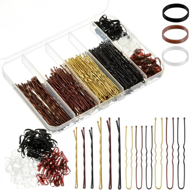 480Pcs Per Box Hair Styling Accessories Kit U Shaped Hair Forks Bobby Pins Elastic Hair Bands Hair Clips Hair Bun Making Set