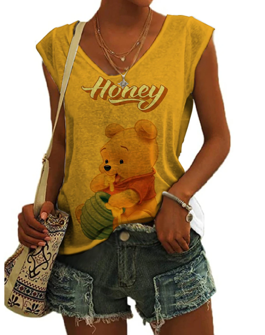 2024 Summer Street New Winnie the Pooh Cartoon Printed Sleeveless Vest for Women, Slim Fit V-neck Fashion Casual Top Y2K