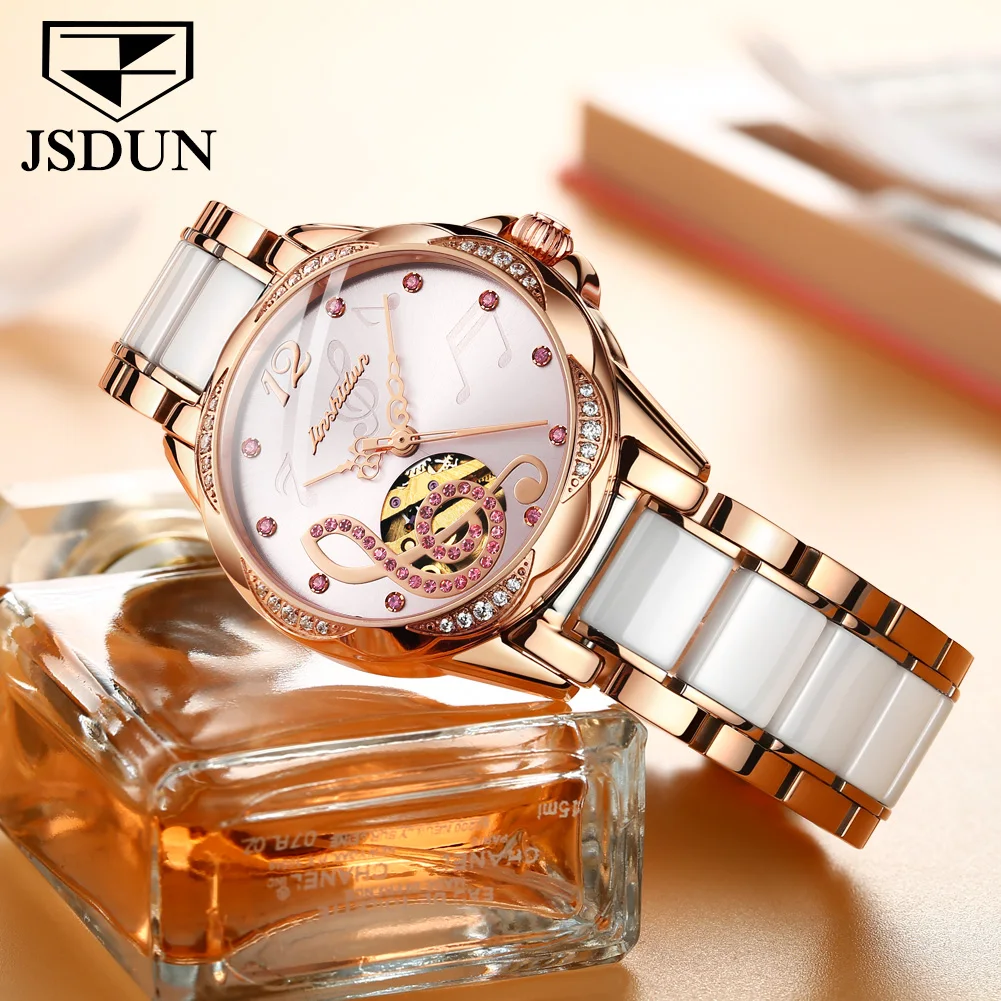 JSDUN Fashion Trend Automatic Mechanical Watch Women Original High Quality Ceramic Lady Wrist Watch Luxury Elegant Women Watches