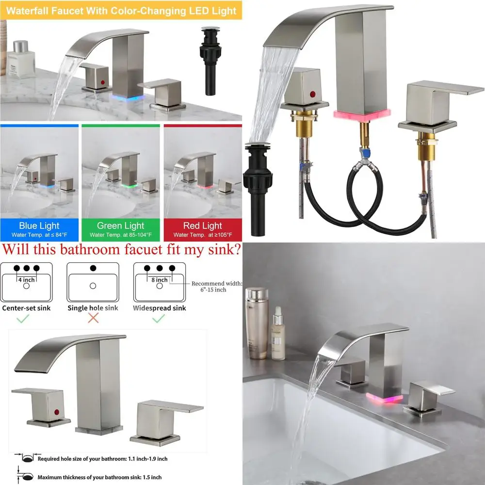 

Modern 3-Hole Brushed Nickel LED Waterfall Faucet with Touch Controls for Widespread Vanity Sinks