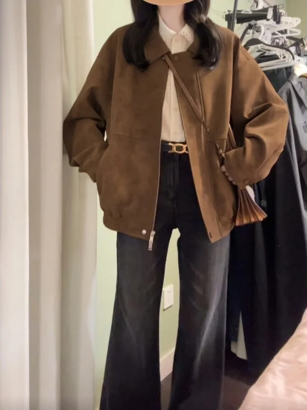 

Retro American Brown Jaet Women Early Spring 2026 New Korean Sle ort Top Small Size Button up Long Sve Coat