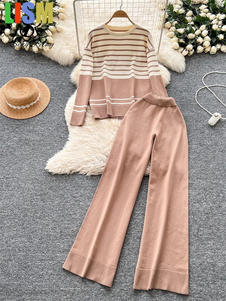 

LISM Women's tracksuit Striped Suits New O Neck Long Sleeves Warm Top+Elastic Long Pants Casual Loose Sweater Two Pieces Sets