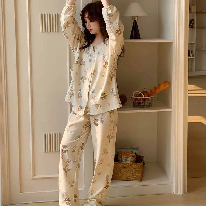 2Pcs Set Autumn New Homewear Cute Pure Cotton Pajamas Long Sleeves Full Open Front Shirt&pants Loungewear Comfy Soft Sleepwear