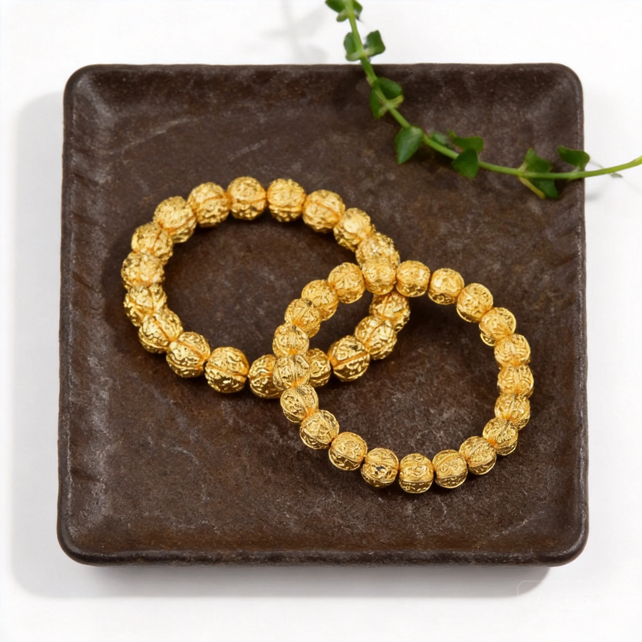 24k Gold Plated Chinese Style Feng Shui Lucky Walnut Beaded Bracelet 10mm Vintage Good Fortune Wealth Blessing Jewelry For Men
